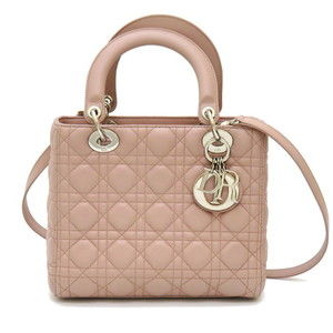 Christian Dior Lady Dior Cannage Medium 2WAY Handbag Lamb Leather Pink Beige